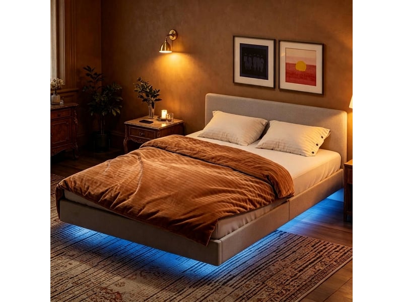  Cadre de lit 140x190 lit flottant avec led sommier à lattes inclus lit double beige  - Conforama C