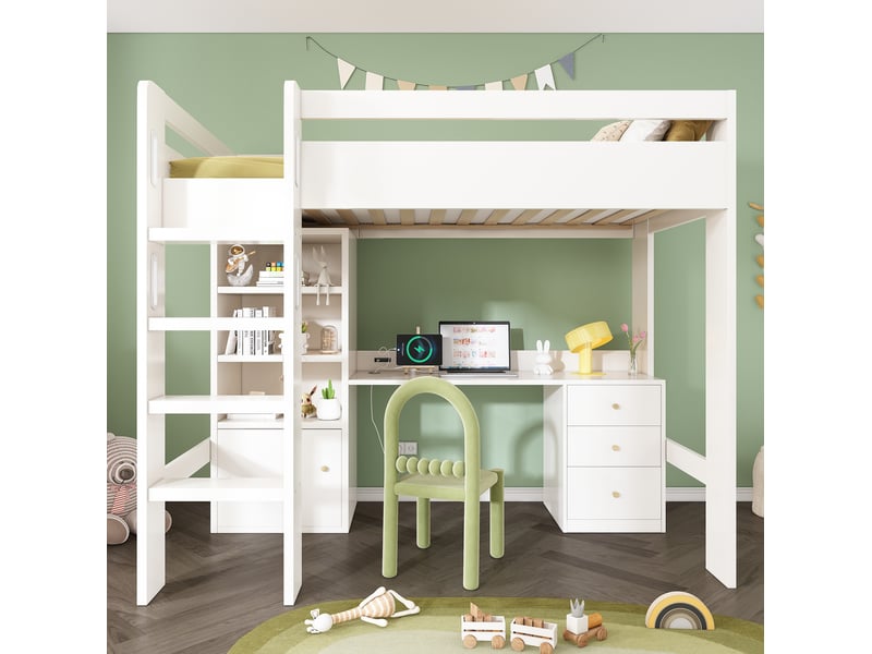 Lit mezzanine enfant 90x200 cm avec bureau usb-c et rangements, blanc - Conforama D