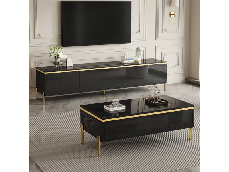  Meuble tv et table basse design luxe - finition laquée brillante unie, liserés dorés, grand espace de rangement  - Conforama B