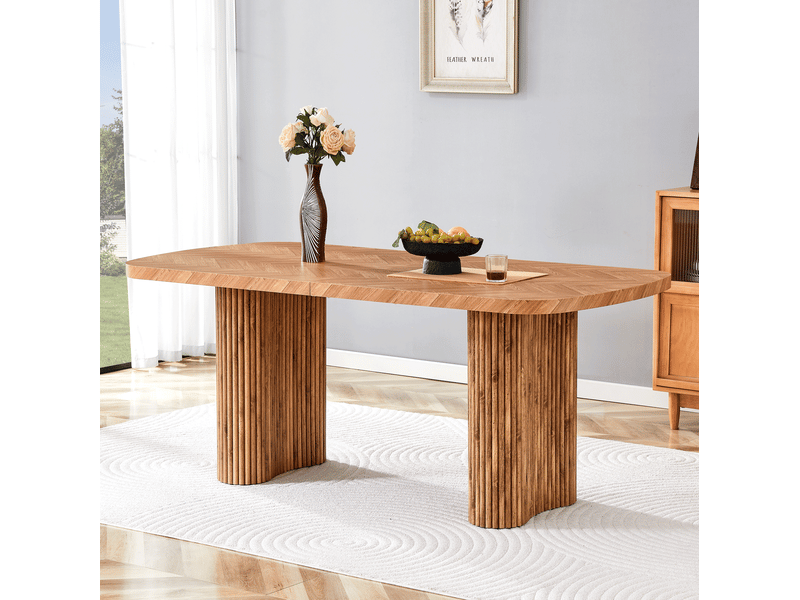  Table de salle à manger avec plateau épais et piétements en colonne arqués, pour salle à manger en mdf ton noyer  - Conforama D