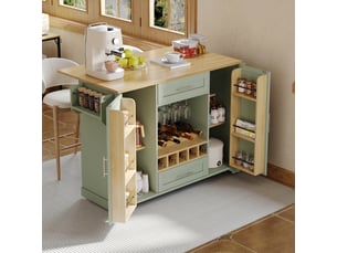 Îlot de cuisine sur roulettes avec plan de travail rabattable, rangement pour vin, porte-verres, porte-épices et porte-serviettes, vert antique