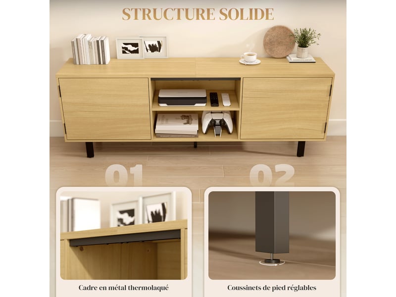  Meuble tv, meuble télé jusqu'à 65 pouces, 2 portes à ouverture par pression et 2 étagères, bois naturel, 160x35x55,5cm  - Conforama W