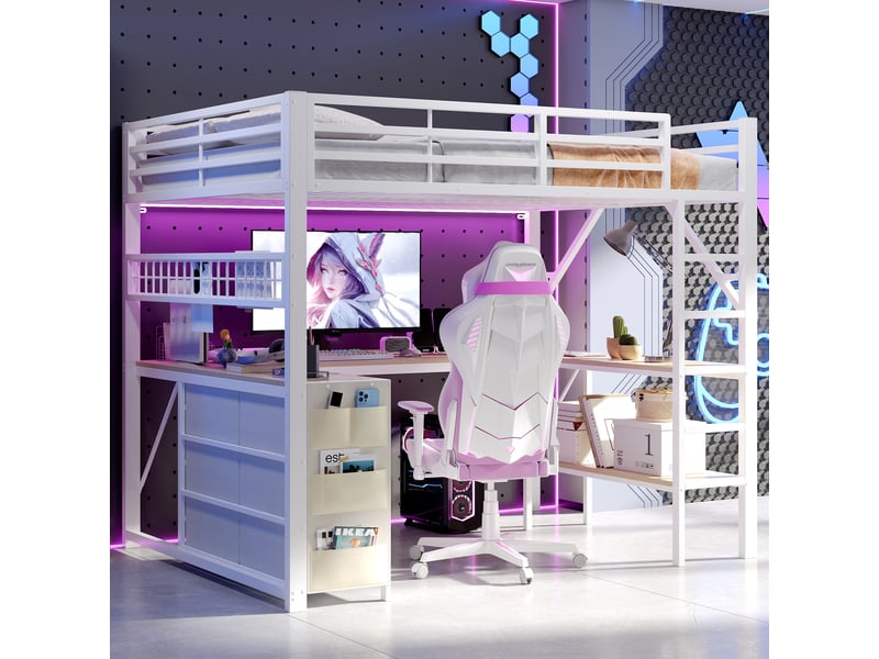  Lit mezzanine gamer 140x200 cm, bureau en u, tiroirs et penderie, led, métal et mdf blanc Radiant Stride - Conforama E