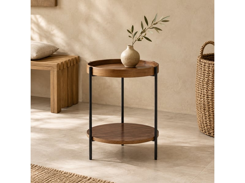  Table basse ronde à 2 plateaux, structure ouverte - lpospi - piètement métal, bois massif et mdf - noyer  - Conforama C