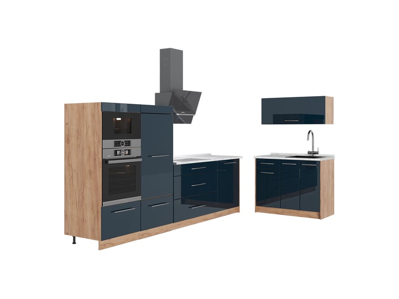 Vicco cuisine, bleu foncé brillantchêne de force doré, 380cm, pt marbre - Conforama A