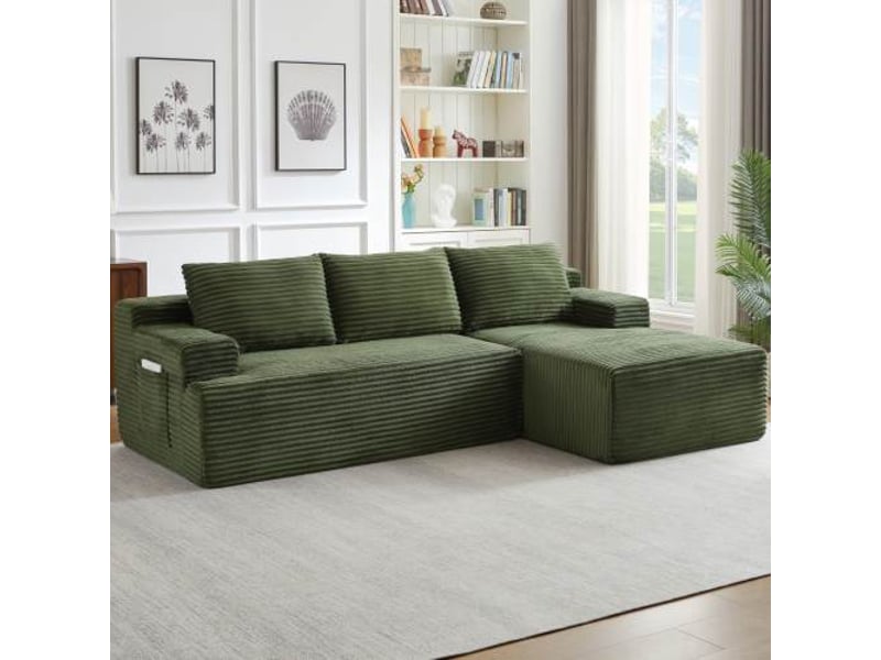  Canapé d’angle l (à droite) modulable 4 places 238 x 152 x 66 cm, assise profonde, convertible et sans montage, velours côtelé, vert OMNIGLINT TRADING LTD - Conforama C