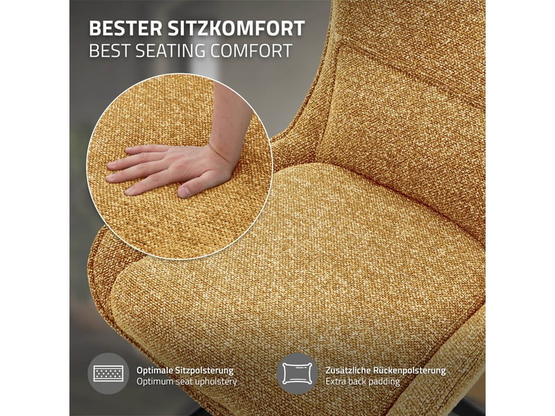  Ml-design lot de 2 chaises salle à manger pivotantes 360° en tissu bouclette moutarde, piètement étoile en acier, coussin lombaire intégré, siège rembourré confortable pour salon et cuisine, 120 kg  - Conforama D