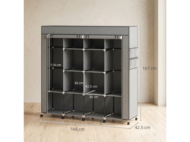  Armoire portable en tissu non tissé et acier, avec roulettes, 10 compartiments et 2 tringles à vêtements, gris foncé  - Conforama E