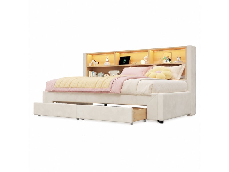  Lit simple 90x200 cm avec tiroirs et éclairage led en velours beige  - Conforama A