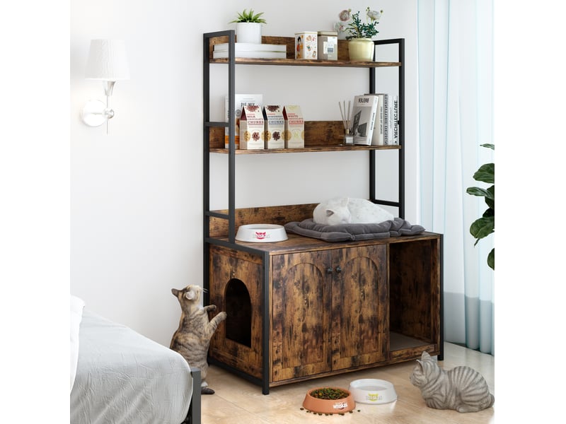 Meuble cache-litière avec étagères 89,5 x 45 x 132 cm – marron – rangement 3 niveaux et portes magnétiques - Conforama B