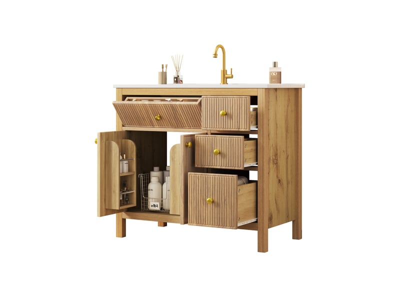 Meuble de salle de bain 91 cm avec vasque céramique, façade ondulée, bois naturel, soft-close - Conforama A