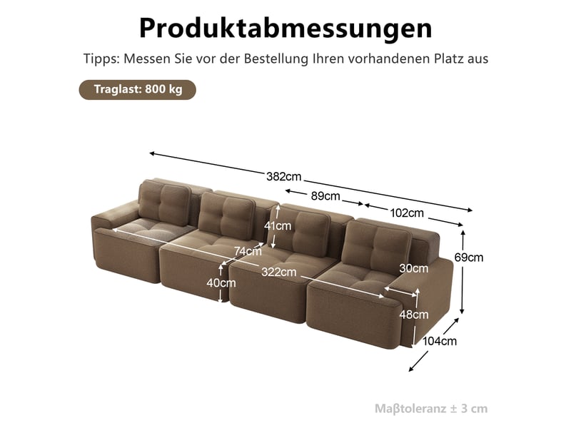  Canapé modulable 4 places en velours côtelé marron, canapé salon contemporain sans dossier avec base antidérapante et confort profond  - Conforama C