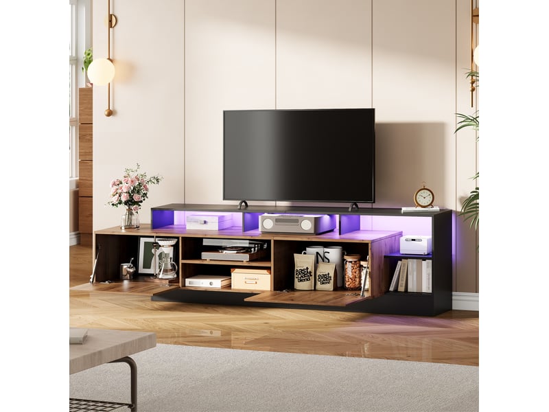  Meuble tv moderne bois naturel et noir avec led, jusqu'à 70 pouces  - Conforama D