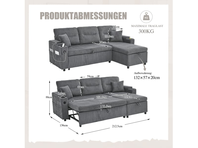  Canapé 3 places 212,5x136x86cm avec rangement, porte-verres et ports usb-c, confort et doux, velours côtelé gris carbone  - Conforama C