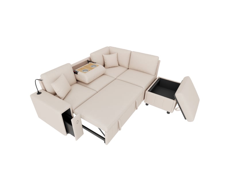 Canapé d'angle convertible 5 places, coffre de rangement, pouf, table rabattable, usb et usb-c, lampe led de lecture - beige - Conforama A