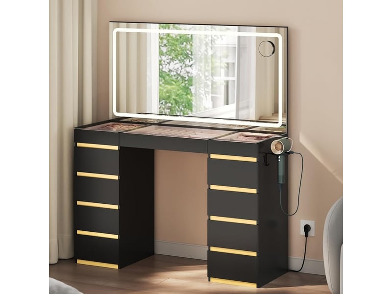 Coiffeuse avec miroir led, 11 tiroirs, station de charge, plateau en verre,112x40x133 cm,noir+doré - Conforama B