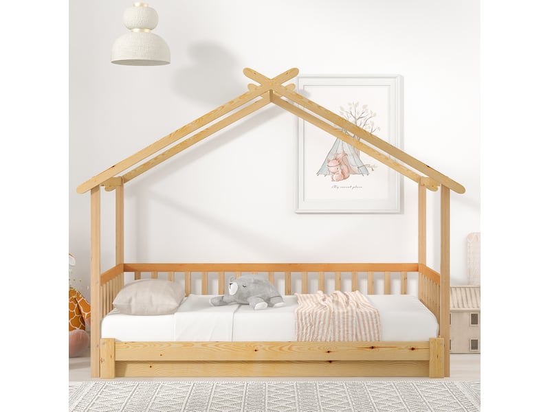  Lit cabane extensible enfant 200x90 cm et 200x180 cm barrière 3 côtés bois naturel sans matelas  - Conforama E