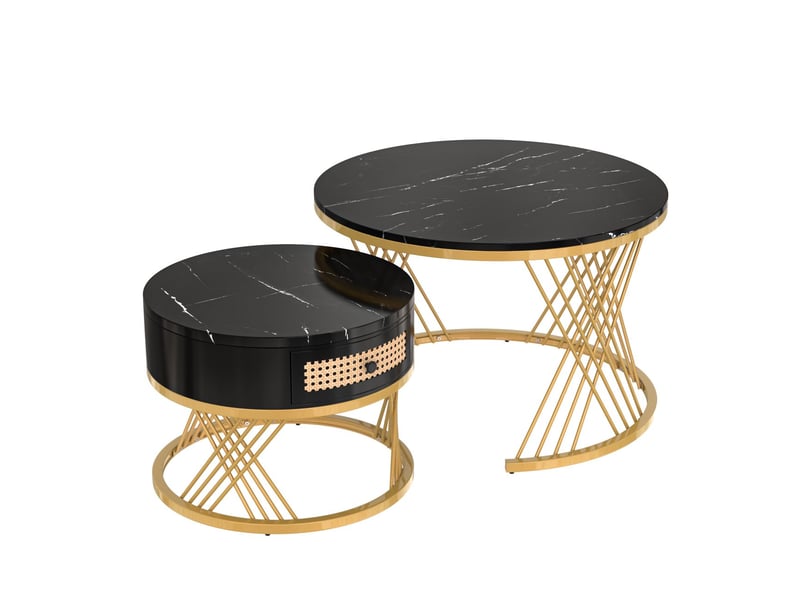  Table basse 70*70*45.5 -sogeu- plateau marbre, tiroirs en rotin plastique, pieds en fer doré, 70x70x45.5 + 50x50x38.5 cm  - Conforama E