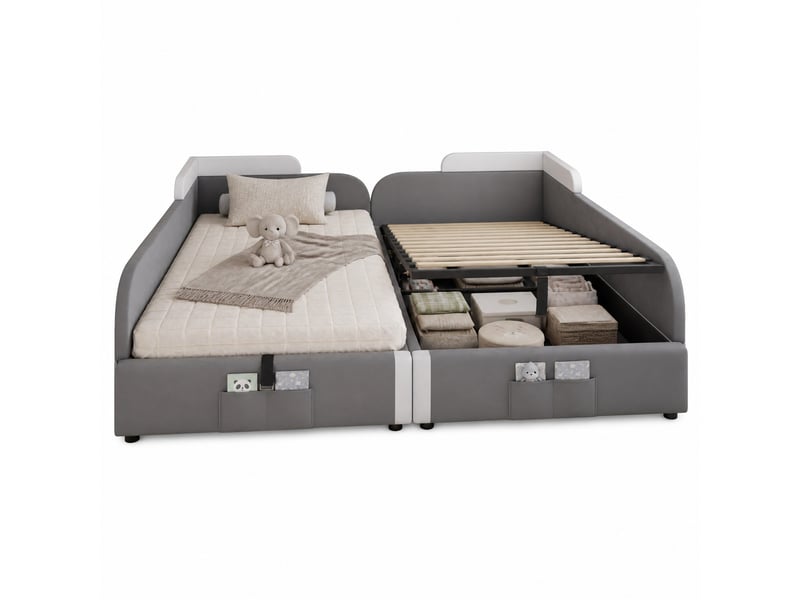 Lit simple enfant 90x200 cm x2 – gris et blanc – coffre hydraulique, barrière souple, sans matelas - Conforama A
