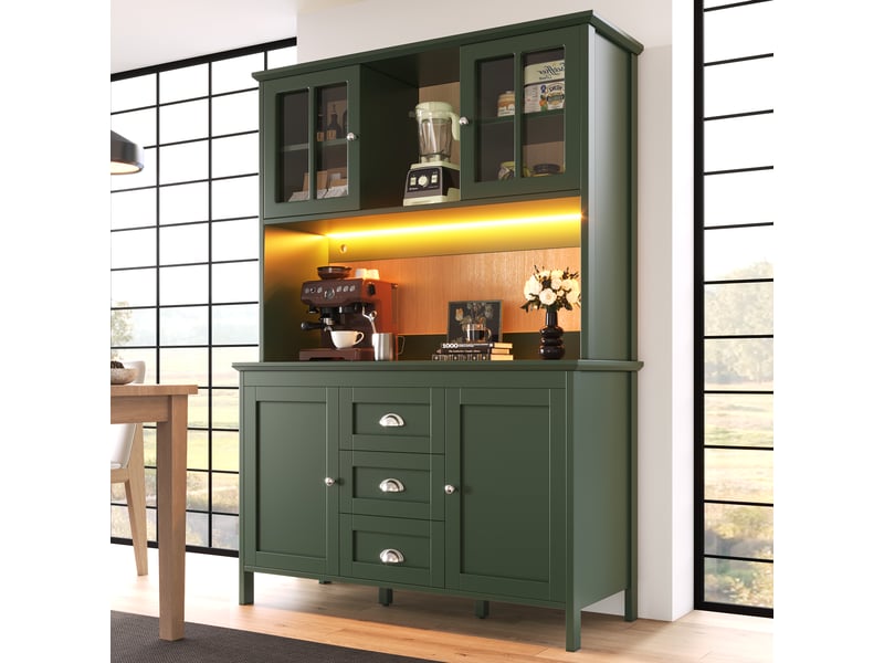 Armoire de cuisine verte buffet haut 120 cm avec portes en verre marron et éclairage led - Conforama C
