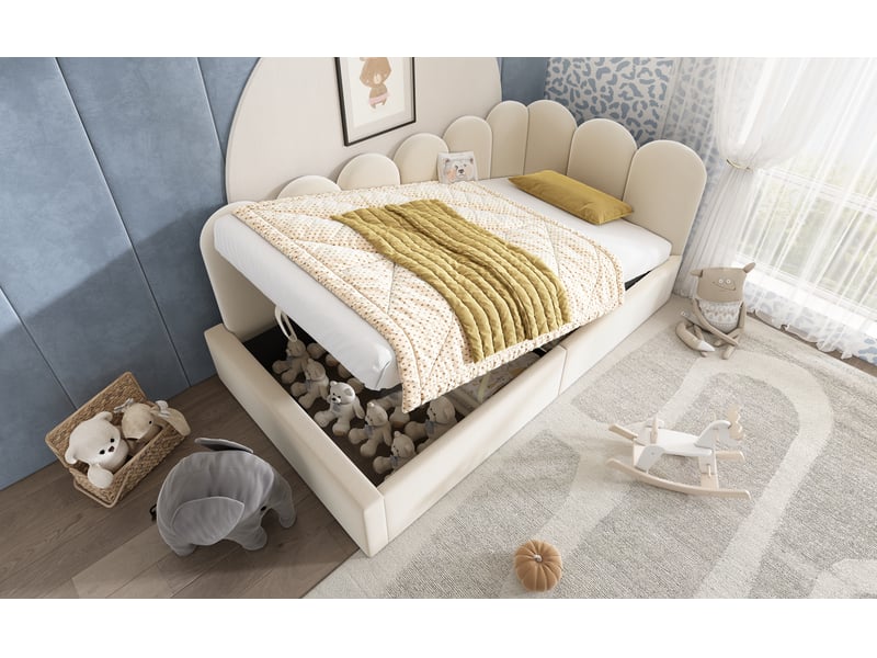 Lit banquette coffre 90x190 cm avec coffre de rangement hydraulique - structure métallique - velours beige - sans matelas - Conforama D
