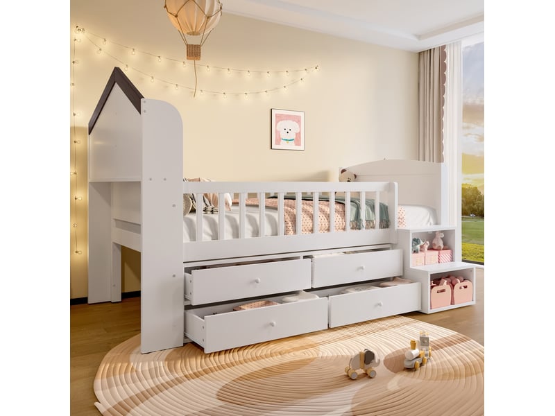 Lit enfant mi-hauteur 90 x 200 cm, led, 4 tiroirs, échelle avec rangement, blanc - Conforama B