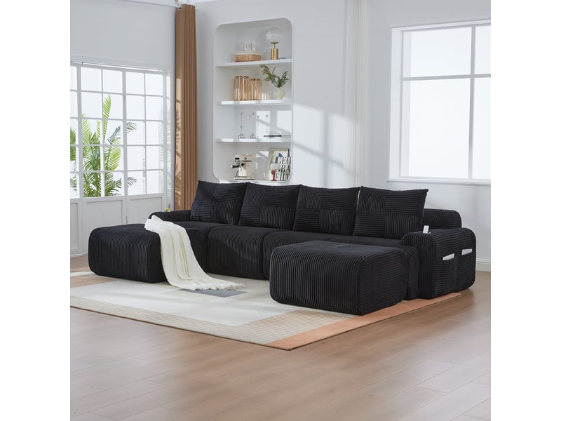  Canapé modulable 4 places avec 2 poufs, porte-gobelet et poche latérale, configurable en u, en l ou en assises séparées, velours côtelé, noir  - Conforama D