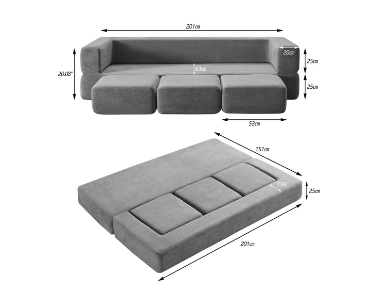  Canapé convertible modulable 3 places avec 3 repose-pieds, couchage et tapis de jeu en chenille gris  - Conforama C