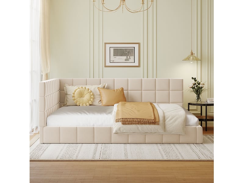  Lit banquette 140 x 200 cm beige en tissu, convertible en canapé avec sommier  - Conforama E