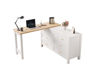 Bureau d'angle 120x40x70 cm avec 7 tiroirs, bureau avec rangement et plateau pivotant 360°, meuble blanc aspect chêne - blanc