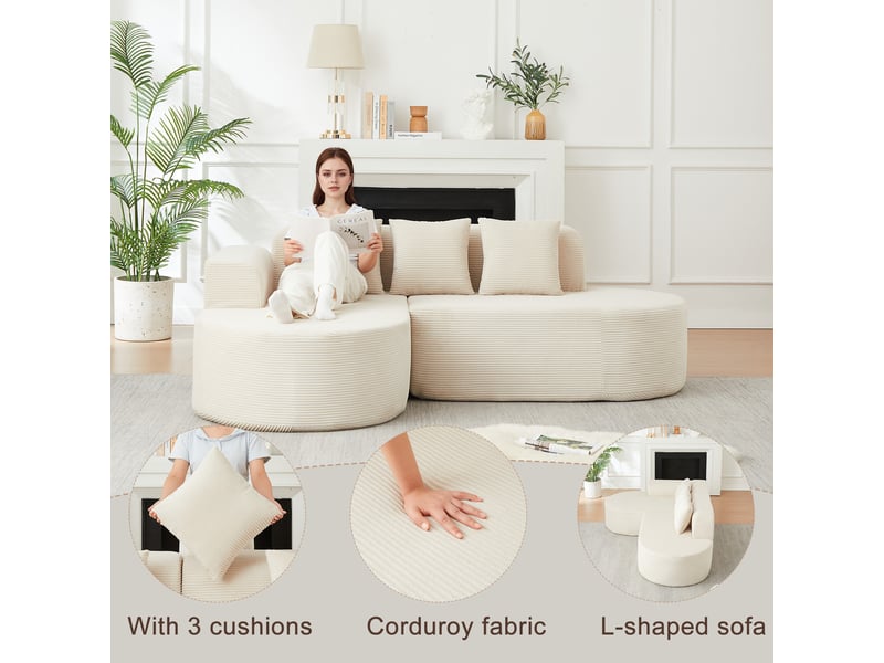  Canapé d'angle modulable avec méridienne incurvée, accoudoirs arrondis et 3 coussins en velours côtelé beige  - Conforama E