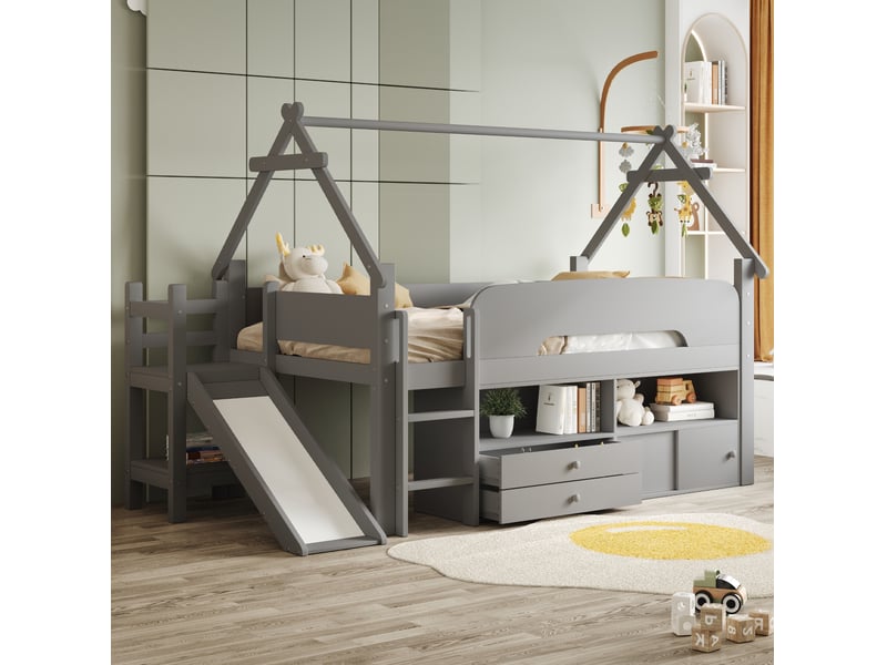  Elvmi lit mezzanine enfant 90x200 cm gris avec toit, toboggan intégré, garde-corps de sécurité, rangements sous le cadre, étagères ouvertes, tiroirs et armoires coulissantes, structure en bois massif et mdf, sommier à lattes, mo…  - Conforama E