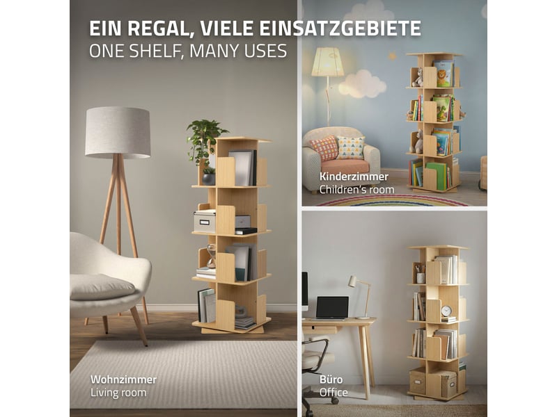 Ml-design bibliothèque tournante enfant 4 niveaux 16 compartiments beige aspect chêne bois 40x124,5x40 cm étagère pivotante 360 degrés rangement livres et jouets pour salon bureau chambre bébé stable - Conforama C
