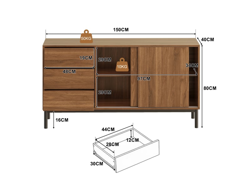  Buffet 150x40x80 cm avec 3 tiroirs et 2 portes coulissantes, meuble de cuisine avec plan de travail pour salon et salle à manger, en mdf, effet noyer Seren Glow - Conforama C