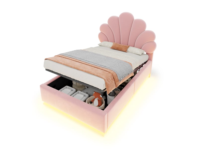  Lit coffre rembourré modenvie 90 x 200 cm avec led tête de lit fleur velours rose cadre métallique  - Conforama A