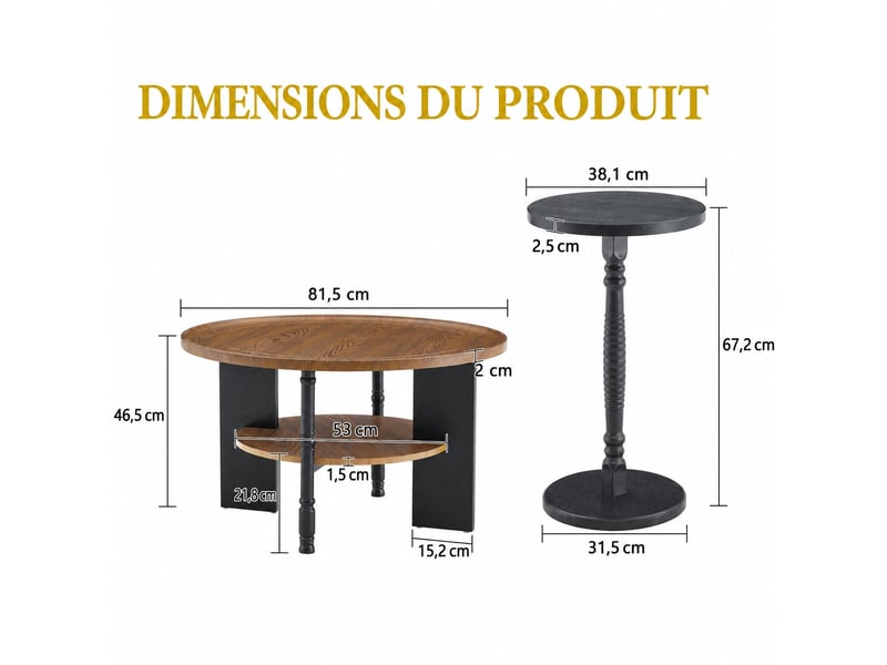  Lot de 2 tables basses rondes, table basse 80 cm avec rangement et bout de canapé 38 cm, mdf noyer et noir, pour le salon et la chambre.  - Conforama C