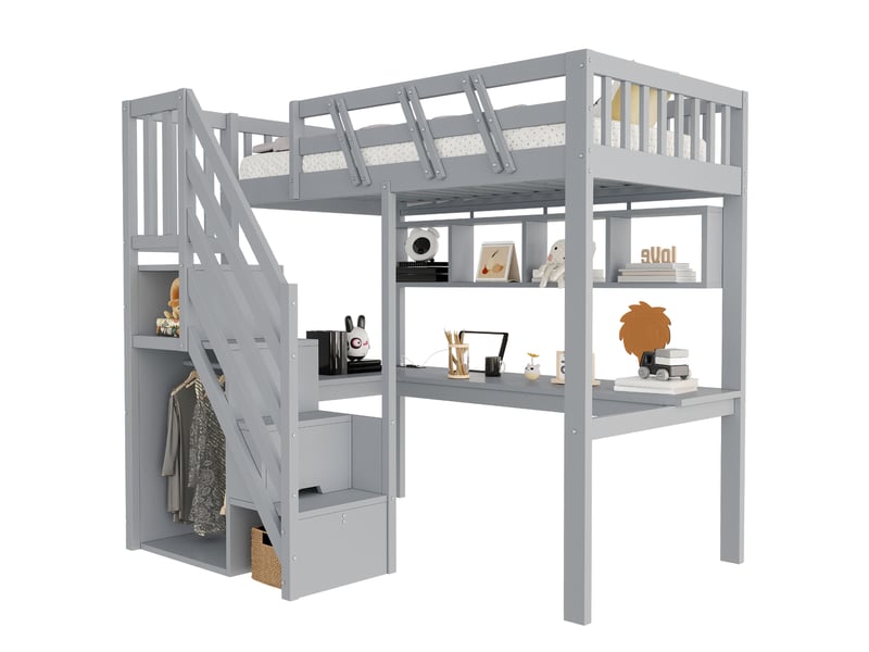 Lit mezzanine enfant 90x200 cm - avec escalier rangement, bureau intégré, prise usb et led, bois massif gris evarich - Conforama A