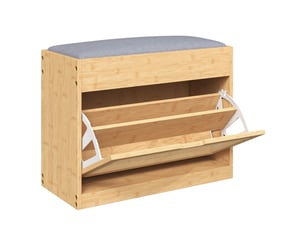 Banc chaussures entrée, banc de rangement en bambou, assise rembourrée, bois naturel, porte en rotin et étagère réglable