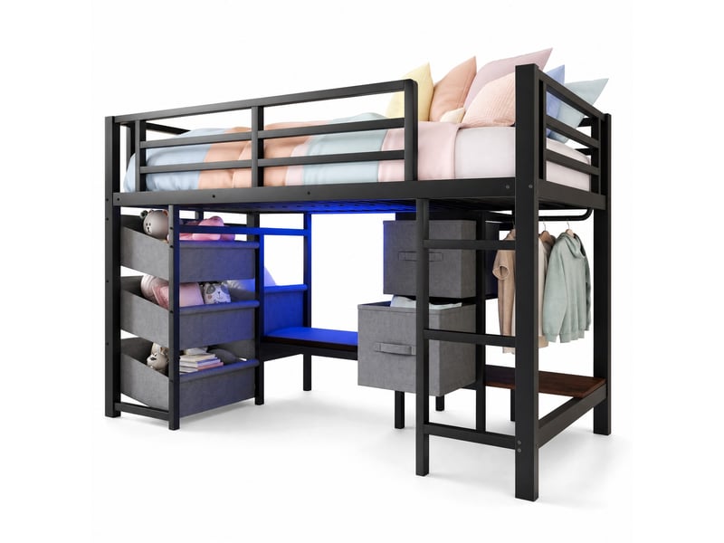  Lit mezzanine 90x200 cm avec led multicolores et rangement en métal noir  - Conforama A