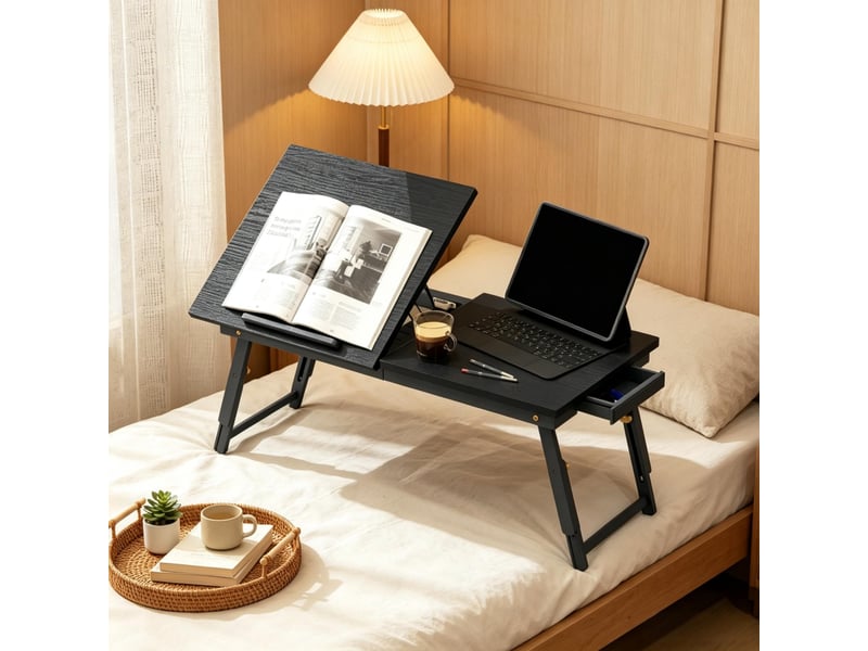 Table pour ordinateur portable en bambou, pliable et réglable, plateau inclinable pour lit - Conforama D