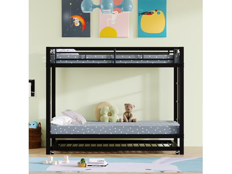 Lit superposé enfant 90x200 cm en métal noir avec lit gigogne et barrières - Conforama D
