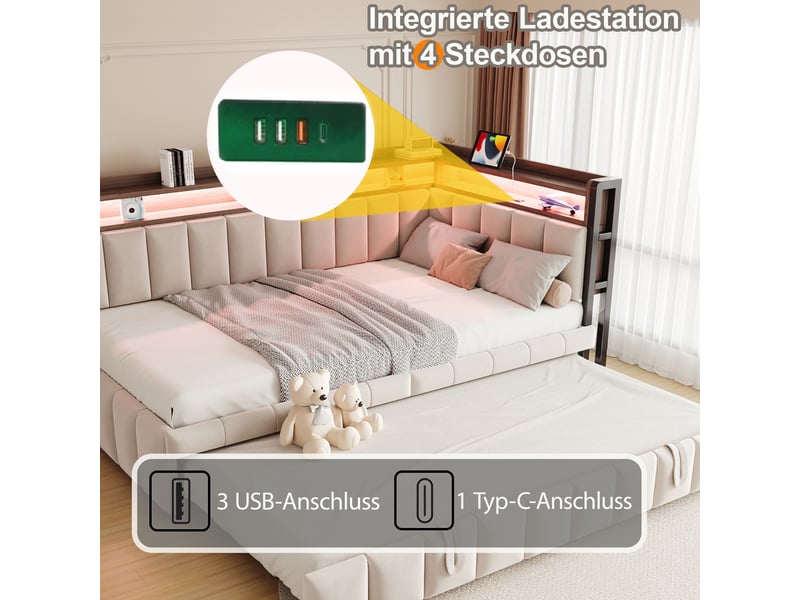  Lit banquette - 90x200 cm - éclairage led - usb et usb-c - sommier à lattes - velours - lit gigogne - gain de place - beige CozyNest - Conforama E