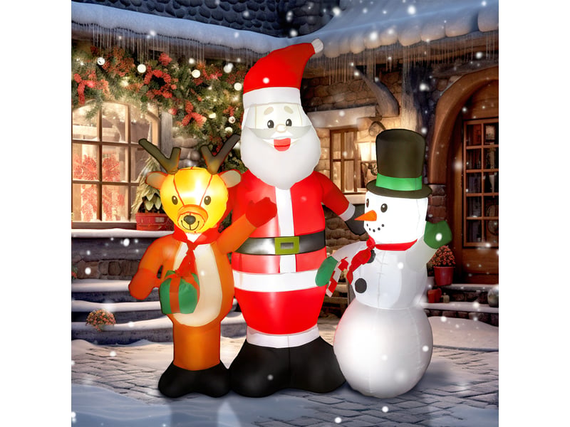  Père noël gonflable de 150 cm avec rennes et bonhomme de neige, lumières led et gonfleur électrique pour jardin et pelouse extérieurs.  - Conforama D