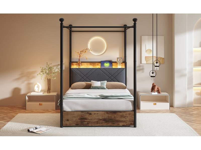 Lit 90x190 cm avec rangement, led, usbtype-c, métal, noir sans matelas - Conforama E