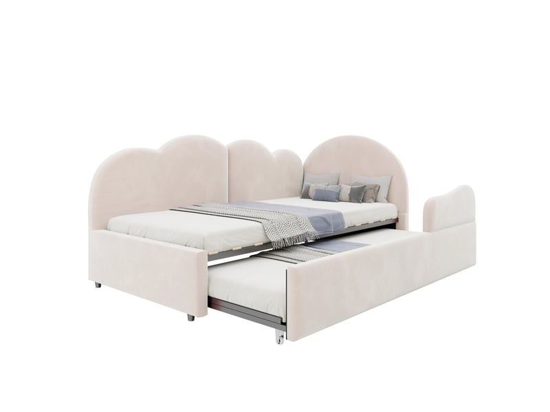 Lit capitonné, canapé-lit extensible en l (90 x 200 + 90 x 190), tête de lit en forme de nuage, velours beige. Conception compacte. Peut servir de lit enfant ou de lit d'appoint. - Conforama A