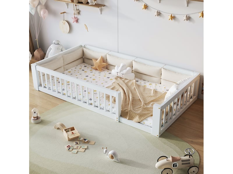  Lit adulte 90x200 avec barrière de sécurité coussins bois massif blanc chambre homvra  - Conforama C