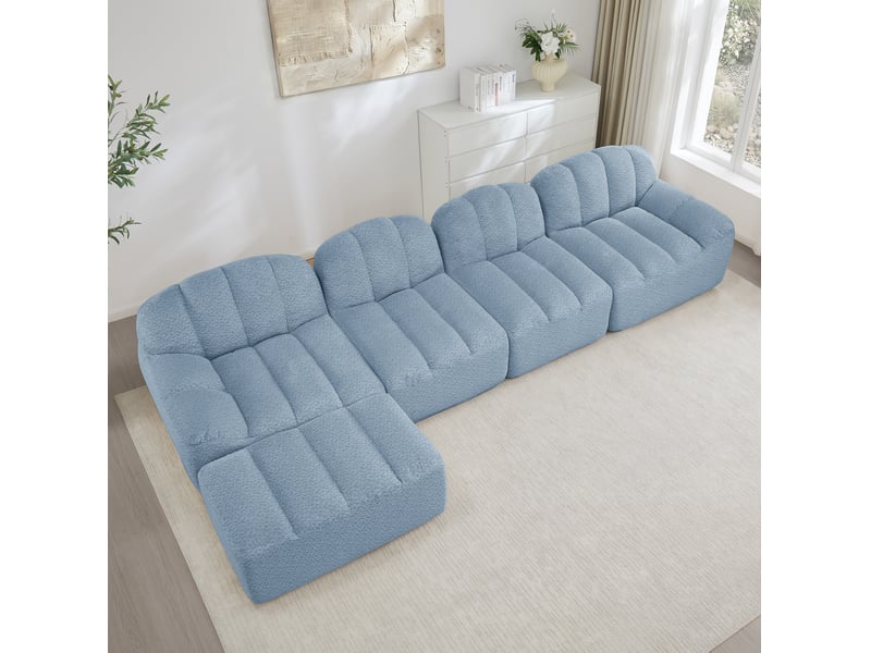  Canapé modulaire 4 places 366x165x79 cm, sans montage, polaire granuleux, mousse 32d, avec pouf, bleu  - Conforama D
