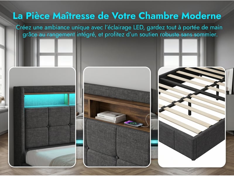  Lit avec rangement 140x190 cm en cuir pu avec tête de lit, led, usb et sommier à lattes – sans matelas  - Conforama D