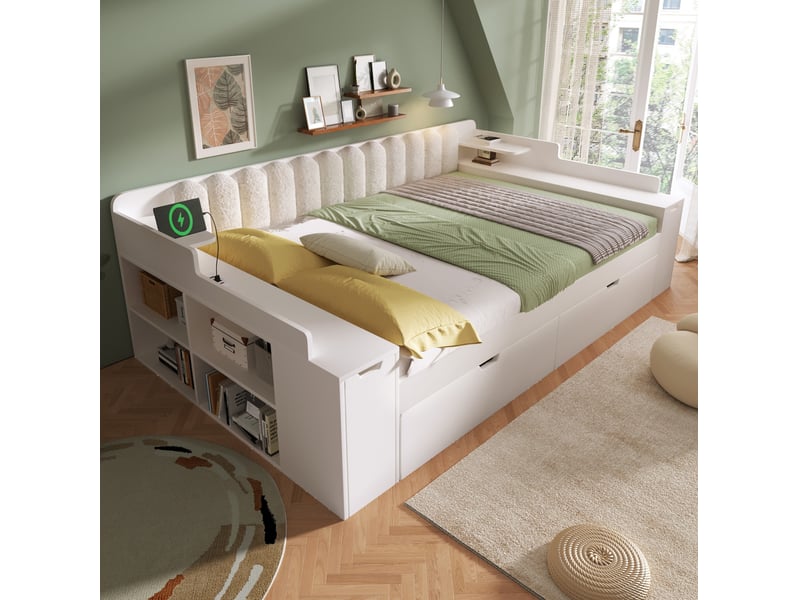  Lit gigogne 140x190 cm avec rangements et ports usb, blanc  - Conforama C