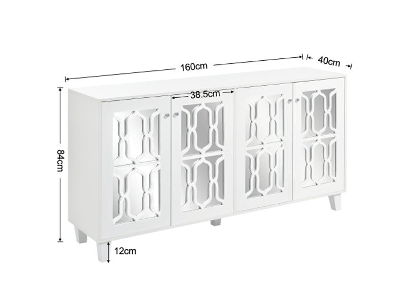 Buffet blanc miroir et poignées en cristal - 160x40x84cm - quatre portes avec stratifié mobile - pour salon et salle à manger - Conforama D